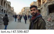 A Young Man Stands Amid the Devastation of a Damaged City, Looking Directly at the Camera. Стоковое AI-изображение, AI-художник Sergey Grishin / Фотобанк Лори