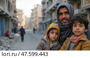 A Father Holds His Two Young Children Close While They Gaze at the Camera in a Devastated Urban Environment. Стоковое AI-изображение, AI-художник Sergey Grishin / Фотобанк Лори
