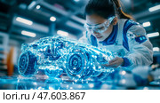 Engineer Examining Holographic Automotive Prototype. Стоковое AI-изображение, AI-художник Данила Большаков / Фотобанк Лори