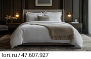Elegant hotel bed with white linens and plush pillows in a minimal space. Элегантная гостиничная кровать с белым постельным бельем и плюшевыми подушками в минимальном пространстве. Стоковое AI-изображение, AI-художник Katsiaryna Repich / Фотобанк Лори