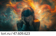 Woman expressing intense emotions amidst vibrant, swirling colors.Женщина в стрессе держит голову руками, окруженная яркими, огненными цветами. На картине запечатлен момент внутреннего смятения и эмоционального хаоса. Стоковое AI-изображение, AI-художник Katsiaryna Repich / Фотобанк Лори