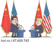 Summit of the President of the USA Donald Trump and the Chairman of the PRC Xi Jinping discussing on the background of flags of the countries at the press conference. Стоковая иллюстрация, иллюстратор Alexey Bannykh / Фотобанк Лори