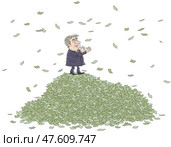 Happy businessman enjoying his superprofit on a huge pile of money falling from the sky. Стоковая иллюстрация, иллюстратор Alexey Bannykh / Фотобанк Лори