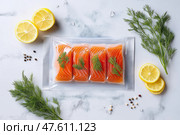 Vacuum-sealed salmon fillets ready for cooking and preserving freshness. Филе лосося в вакуумной упаковке, готовое к приготовлению и сохраняющее свежесть. Стоковое AI-изображение, AI-художник Katsiaryna Repich / Фотобанк Лори