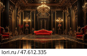 Elegant opulent interior with red velvet furniture in a luxurious black and gold room. Стоковое AI-изображение, AI-художник Михаил Коханчиков / Фотобанк Лори