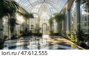 Lush greenery fills a sunlit conservatory with tropical plants and serene water features during a tranquil morning. Стоковое AI-изображение, AI-художник Михаил Коханчиков / Фотобанк Лори