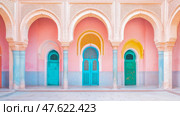 Concept: Architectural Moroccan Facade, Purpose: Building Design, with ornate arches and colorful doors in Marrakesh. Стоковое AI-изображение, AI-художник Данила Большаков / Фотобанк Лори