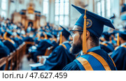 Graduation ceremony: a scholar celebrates academic achievement with fellow graduates in traditional regalia, symbolizing culmination of hard work. Стоковое AI-изображение, AI-художник Данила Большаков / Фотобанк Лори