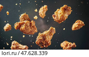 Grilled chicken legs, drumsticks falling in the air, isolated on black background, food concept. Crispy fried chicken nuggets levitation. Roast chicken strips, pieces flying in the air. Dynamic scene. Стоковое AI-видео, аниматор Марина Демидюк / Фотобанк Лори