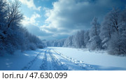 A Tranquil Winter Landscape With Deep Snow and Tire Tracks Creating a Path Through the Frosty Terrain. Стоковое AI-изображение, AI-художник Sergey Grishin / Фотобанк Лори