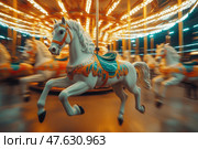 Карусель ввиде лошади. Лошадь белая, на ней синее седло. Стоковое AI-изображение, AI-художник Ярославский Максим / Фотобанк Лори