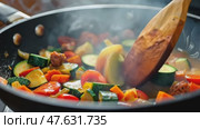 Steaming grilled vegetables, carrot, green bean, broccoli, pepper dish. Sizzling hot plate of stir fry colorful veggie mix. Frying pan with healthy food meal. Ratatouille with smoke steam preparation. Стоковое AI-видео, аниматор Марина Демидюк / Фотобанк Лори
