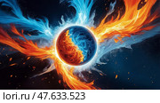 Fire and ice the elemental clash. Стоковое AI-изображение, AI-художник Андрей Бакусов / Фотобанк Лори