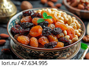 Bowl of Combine dried fruits (dates, prunes, apricots, raisins) and nuts. миска комбинированных сухофруктов (финики, чернослив, абрикосы, изюм) и орехов. Стоковое AI-изображение, AI-художник Katsiaryna Repich / Фотобанк Лори