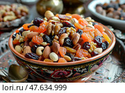 Bowl of Combine dried fruits (dates, prunes, apricots, raisins) and nuts. миска комбинированных сухофруктов (финики, чернослив, абрикосы, изюм) и орехов. Стоковое AI-изображение, AI-художник Katsiaryna Repich / Фотобанк Лори