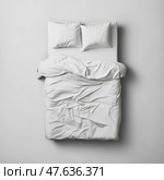 Comfortable white bedding arranged on a minimalist bed for a cozy atmosphere. Удобное белое постельное белье на минималистичной кровати для создания уютной атмосферы. Стоковое AI-изображение, AI-художник Katsiaryna Repich / Фотобанк Лори