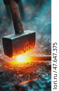 Blacksmith forging glowing metal with a hammer and anvil; sparks fly in a fiery, intense industrial process. Стоковое AI-видео, аниматор Данила Большаков / Фотобанк Лори
