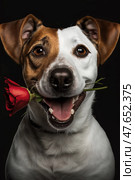 Portrait of happy jack Russell terier dog holding a red rose in its teeth. Стоковое AI-изображение, AI-художник Zakharova Natasha / Фотобанк Лори