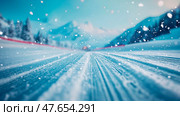 Winter sport: snow flurry on ski slope with mountain peaks; scenery for poster, print or card. Стоковое AI-изображение, AI-художник Данила Большаков / Фотобанк Лори
