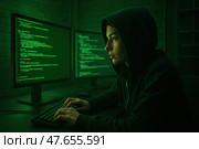 Девушка хакер  за компьютером. Стоковое AI-изображение, AI-художник Башкирова Анна / Фотобанк Лори