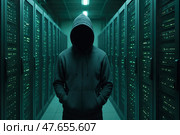 Хакер в капюшоне в серверной комнате. Стоковое AI-изображение, AI-художник Башкирова Анна / Фотобанк Лори