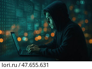 Хакер в худи работает за ноутбуком. Стоковое AI-изображение, AI-художник Башкирова Анна / Фотобанк Лори