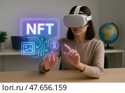 VR и NFT. Женщина в VR-очках взаимодействует с голограммой NFT. Стоковое AI-изображение, AI-художник Башкирова Анна / Фотобанк Лори
