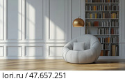 Cozy Interior Reading Nook with Round Chair and Bookshelf, Classic Style. Стоковое AI-изображение, AI-художник Данила Большаков / Фотобанк Лори