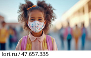 Back to School Portrait: Little African American Girl with Mask. Стоковое AI-изображение, AI-художник Данила Большаков / Фотобанк Лори