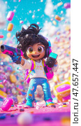 Adventures in Candyland: Whimsical warrior girl with toys on a sugary splashdown. Стоковое AI-изображение, AI-художник Данила Большаков / Фотобанк Лори