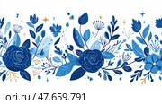 Elegant blue floral ornament, for greeting card, invitation, springtime decoration. Стоковое AI-изображение, AI-художник Данила Большаков / Фотобанк Лори