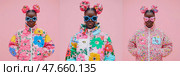 A vibrant triptych of a dark-skinned model wearing quirky glasses and floral coat against soft pink, for fashion statement. Стоковое AI-изображение, AI-художник Данила Большаков / Фотобанк Лори