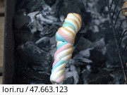 Маршмеллоу на шпажке, приготовление на мангале (Marshmallows on a skewer, cooking on the grill) Стоковое фото, фотограф Владислав Дельдюгинов / Фотобанк Лори