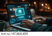 Человек печатает на ноутбуке с открытым приложением для чата. Стоковое AI-изображение, AI-художник Ярославский Максим / Фотобанк Лори
