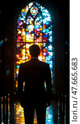 Contemplation before Sacred Vows: Silhouette Gazing at Stained Glass Splendor. Стоковое AI-изображение, AI-художник Данила Большаков / Фотобанк Лори