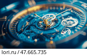 Intricate Time: An up-close view of a watch mechanism highlighting the complexity and precision of timekeeping. Стоковое AI-изображение, AI-художник Данила Большаков / Фотобанк Лори
