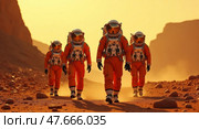 Astronauts exploring martian landscape at dusk. Стоковое AI-изображение, AI-художник Андрей Бакусов / Фотобанк Лори