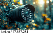 Vigilant Eye: Security camera monitoring environment with light bokeh, ensuring surveillance and safeguarding premise. Стоковое AI-изображение, AI-художник Данила Большаков / Фотобанк Лори
