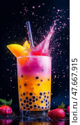 Colorful bubble tea with fresh fruit splashing against dark background. Разноцветный чай с брызгами свежих фруктов на темном фоне, баббл ти. Стоковое AI-изображение, AI-художник Katsiaryna Repich / Фотобанк Лори