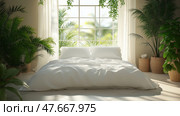 Cozy bedroom with white bedding and lush indoor plants in bright daylight. Уютная спальня с белым постельным бельем и пышными комнатными растениями при ярком дневном свете. Стоковое AI-изображение, AI-художник Katsiaryna Repich / Фотобанк Лори