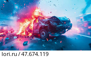 Dramatic Automobile Collision: Flaming wreck aftermath and cinematic carnage, design for posters and book cover art. Стоковое AI-изображение, AI-художник Данила Большаков / Фотобанк Лори