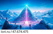 Sci-Fi Exploration: Adventurers at a Crystal Pyramid in a Snowy Mountain Range. Стоковое AI-изображение, AI-художник Данила Большаков / Фотобанк Лори