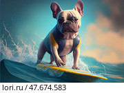 Funny french bulldog in swimm suit, floating on a surfboard in the big waves. Стоковое AI-изображение, AI-художник Zakharova Natasha / Фотобанк Лори