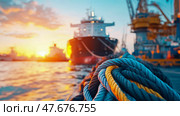 Maritime Dockside at Sunset: A closeup on mooring ropes with a vessel and harbor cranes at dusk. Стоковое AI-изображение, AI-художник Данила Большаков / Фотобанк Лори