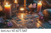 Mystical tarot card reading session with candles and crystals in a dimly lit room. Стоковое AI-видео, аниматор Ekaterina Ismagilova / Фотобанк Лори