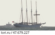 15 April 2025 - Lisbon, Portugal - Majestic four masted sailing ship navigating the ocean. Редакционное видео, видеограф Константин Шишкин / Фотобанк Лори