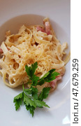 A mouth-watering serving of pasta in a creamy sauce, served in a deep white bowl. Fettuccine or tagliatelle-type pasta is topped with a creamy cheese sauce and sprinkled with grated cheese (perhaps Parmesan). The dish also includes bits of ham or bacon. A fresh sprig of parsley is added to the top, adding a bright green accent and a finished look. The presentation is neat and restaurant-quality. Стоковое фото, фотограф Анна Кривицкая / Фотобанк Лори