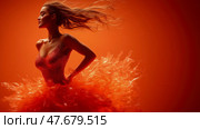 Ethereal Beauty: Woman in Flowing Amber Gown of Liquid Light, Graceful Movement Portrayal, Fantasy, and Light Exploration. Стоковое AI-изображение, AI-художник Данила Большаков / Фотобанк Лори