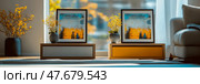 Interior Artwork Arrangement: A pair of framed figurative canvases accent console tables with floral elements by a sunlit window. Стоковое AI-изображение, AI-художник Данила Большаков / Фотобанк Лори