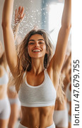 Joyful Fitness: Celebrating Wellness and Vitality with Uplifted Spirits and Refreshing Hydration After Workout. Стоковое AI-изображение, AI-художник Данила Большаков / Фотобанк Лори